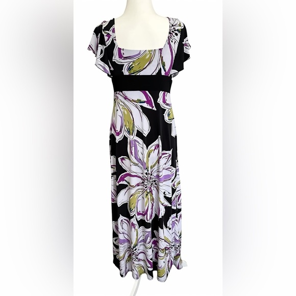 Dressbarn Maxi Dress 6 Black Purple Floral Print Empire Waist Flutter Sleeve - Picture 4 of 8